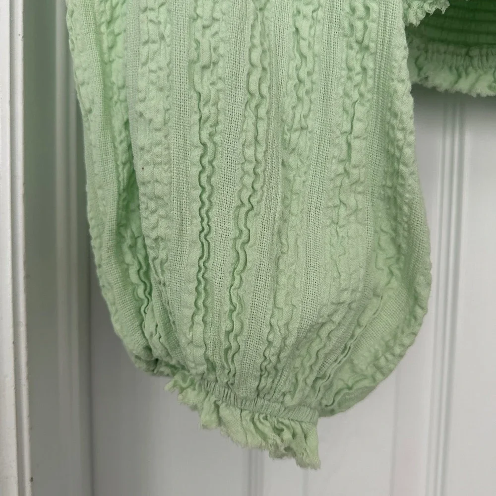 Free People 100%‎ Cotton Green Puff Sleeve Smocked Lolita Peasant Top Size Small